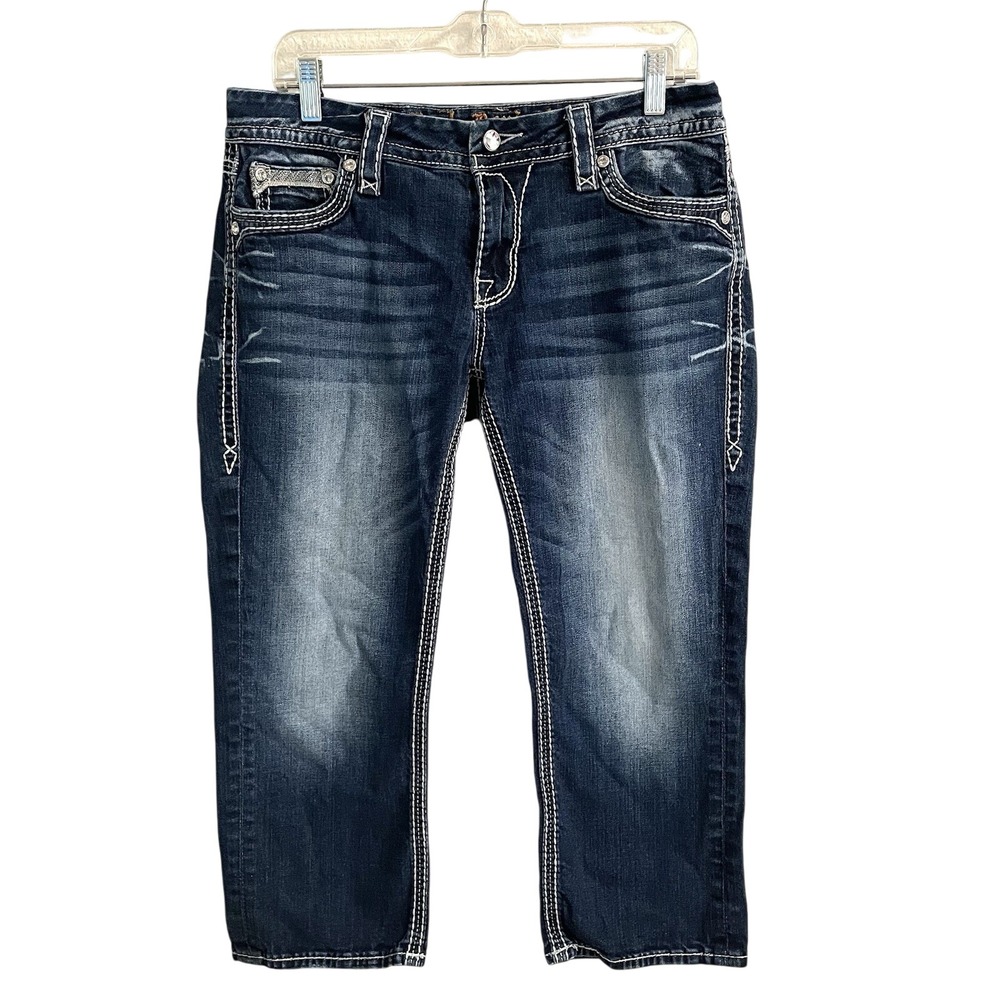 Rock Revival Porsha Easy Capri Jeans Women's 30 Blue Selvage Denim Rhinestones